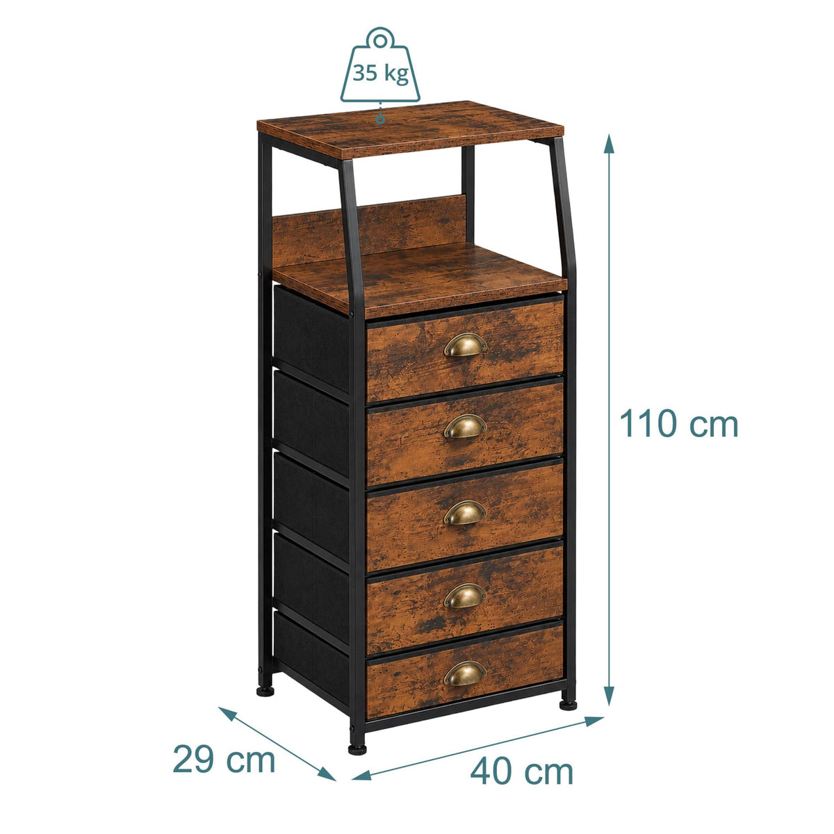 5-Drawer Fabric Chest with Shelves – Brown, Black