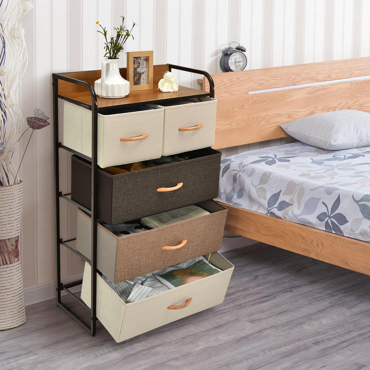 5-Drawer Fabric Dresser Tower – Steel Frame, MDF Top