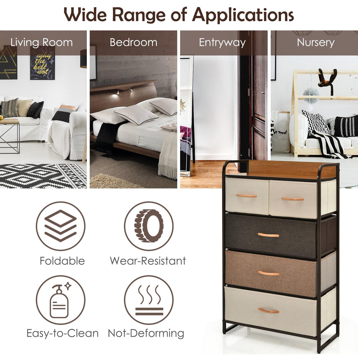 5-Drawer Fabric Dresser Tower – Steel Frame, MDF Top