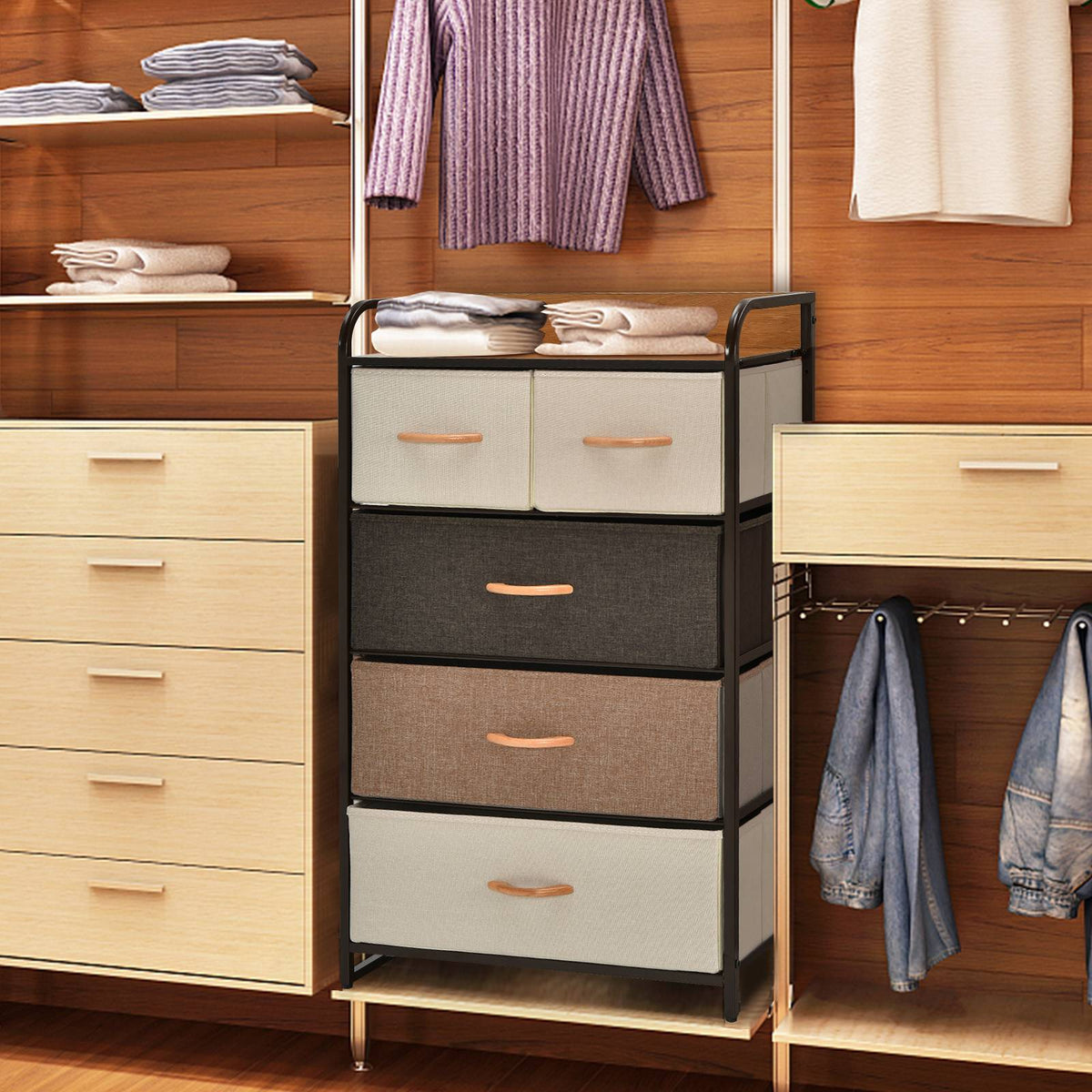 5-Drawer Fabric Dresser Tower – Steel Frame, MDF Top