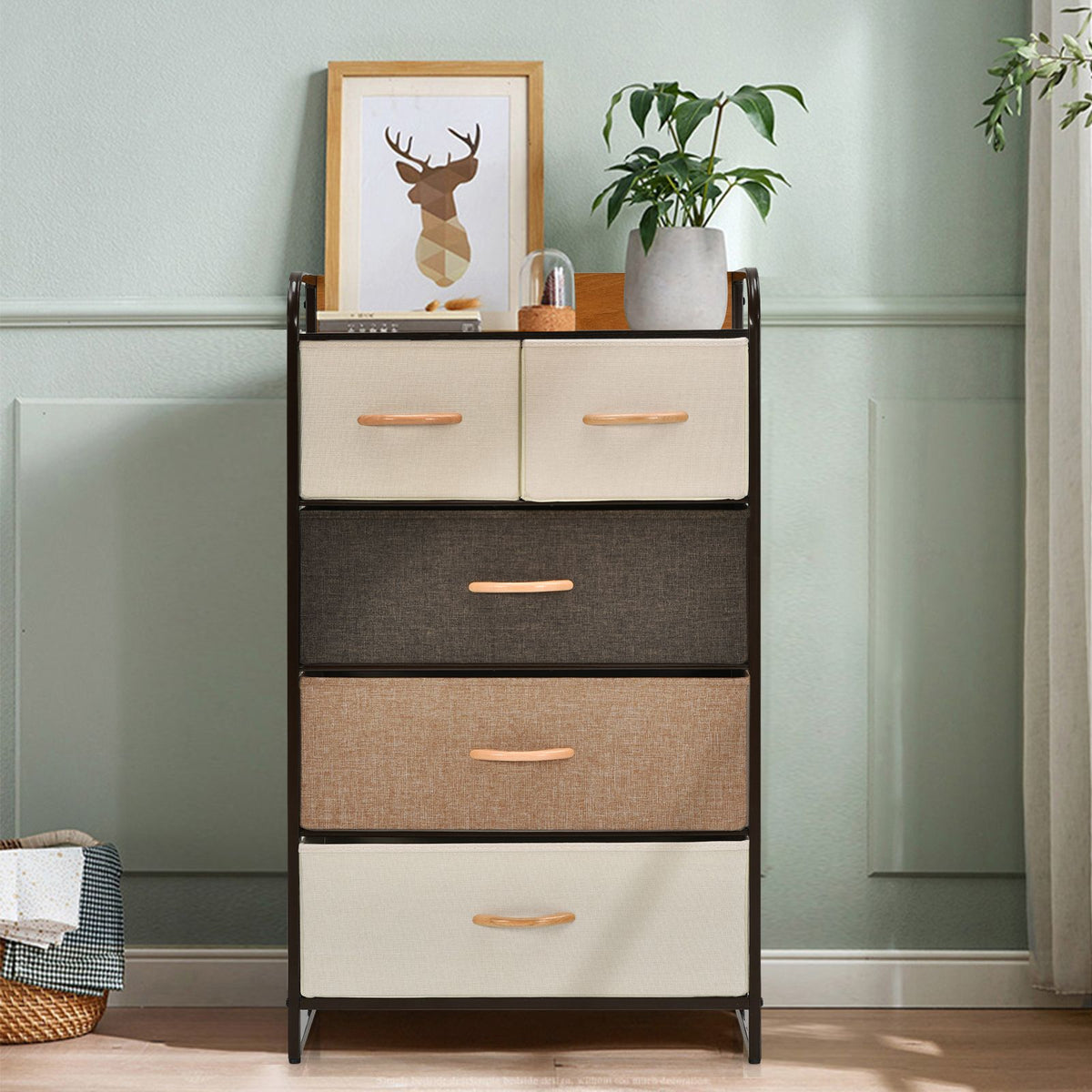 5-Drawer Fabric Dresser Tower – Steel Frame, MDF Top