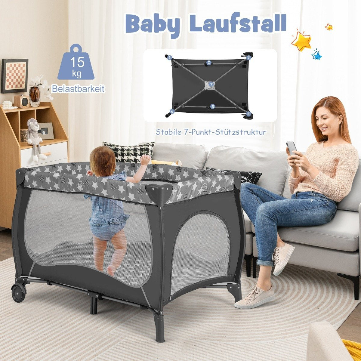 5 IN 1 Baby Bed Portable Side Bed Travel Cot with Foldable Mattress 102 cm x 72 cm x 74 cm Gray