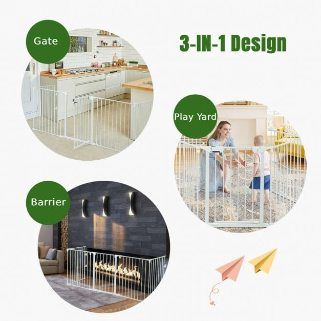 5-Panel Baby Safety Gate, Steel Fireplace Barrier, White