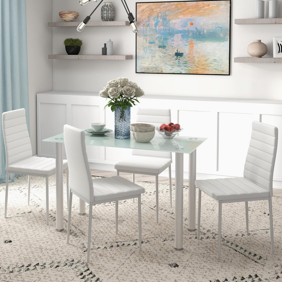 5 Pcs. Dining Group, Dining Table With 4 Chairs, Kitchen Table With Tempered Glass Top, Dining Room Group, Steel, Black