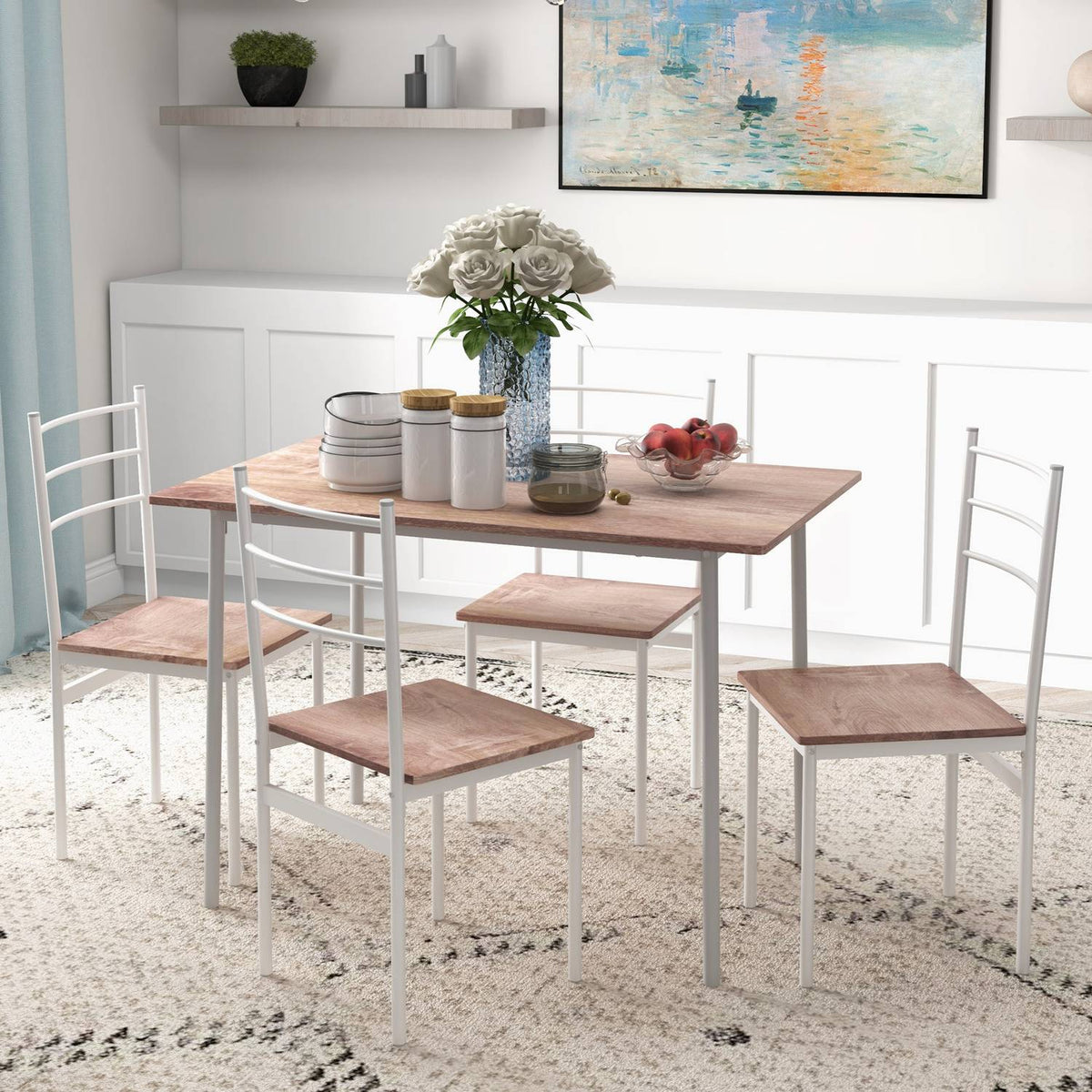 5 Pcs. Dining Group, Dining Table With 4 Kitchen Chairs, Space Saving Dining Room Group, Dining Table Set, Dining Room Furniture For Kitchen, Steel, Brown