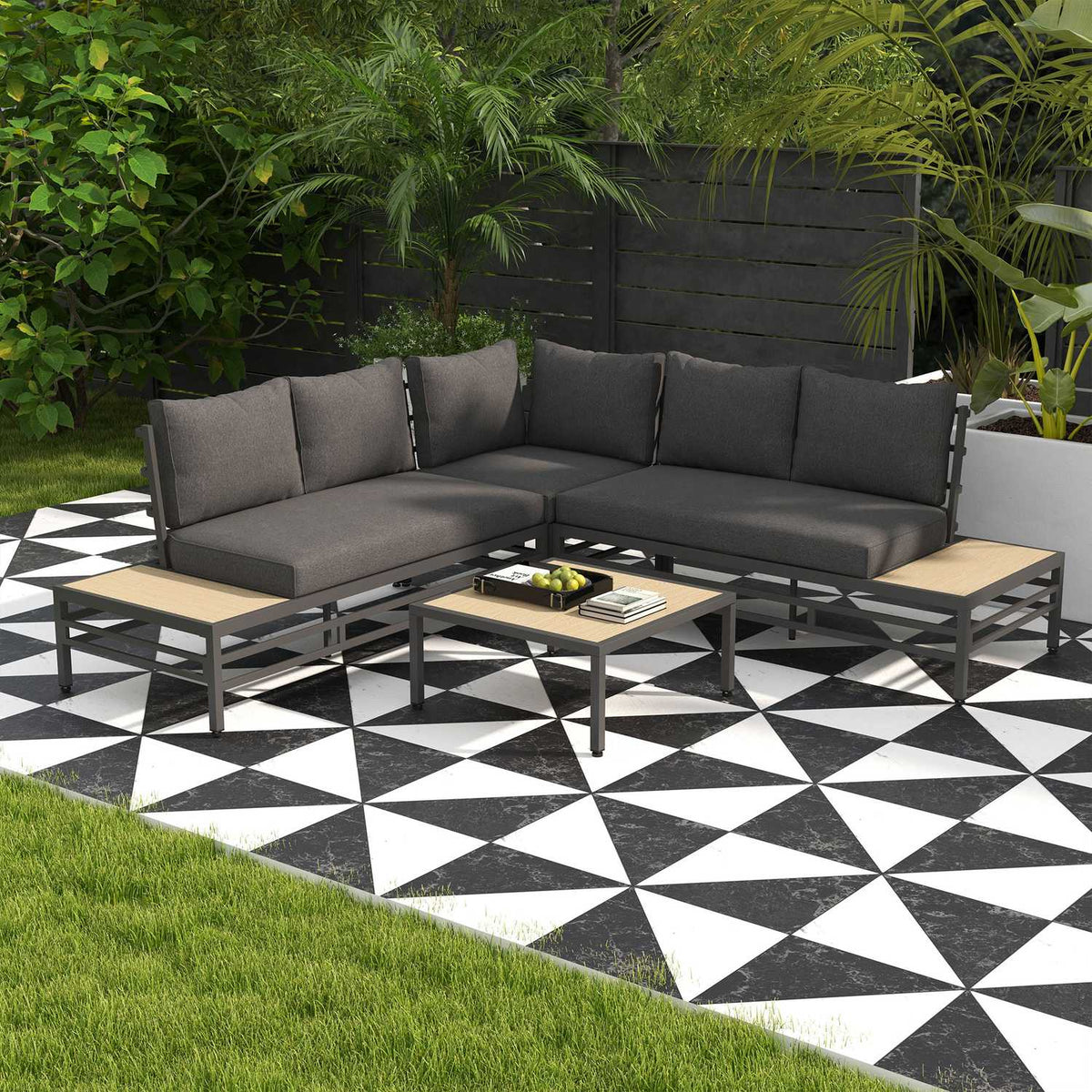 5 Pcs. Garden Lounge Set, Garden Furniture Set, Garden Set With 2 Two-Seater, Coffee Table, Corner Sofa, With Seat Cushion, For Terrace, Balcony, Gray
