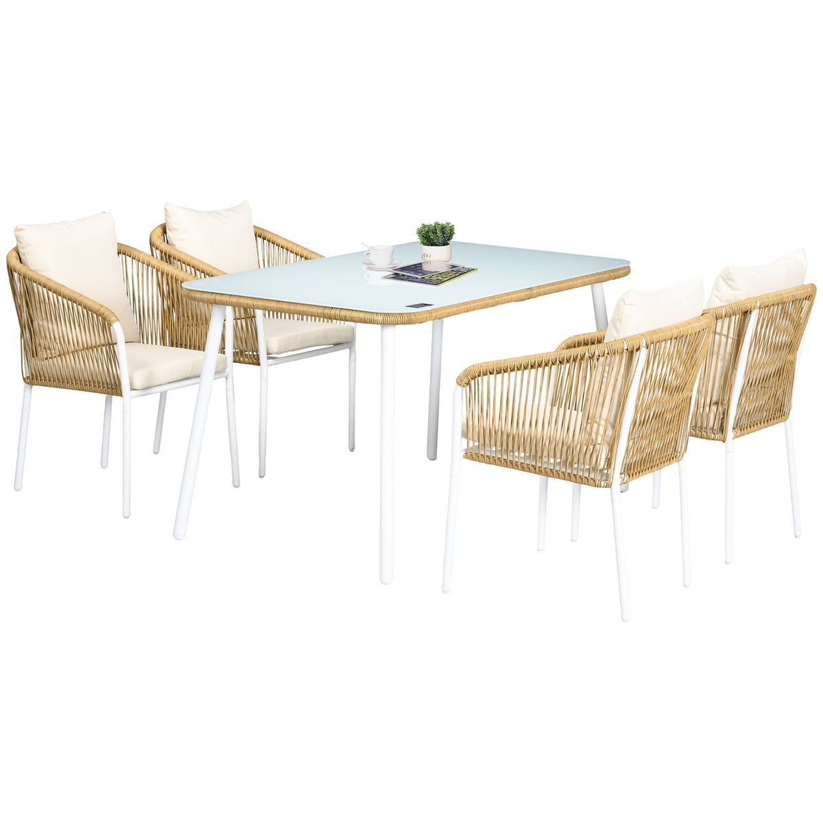5 Pcs. Polyrattan Garden Furniture Dining Table 4 Chairs Seating Group Tempered Glass Cushions Balcony Terrace Yellow