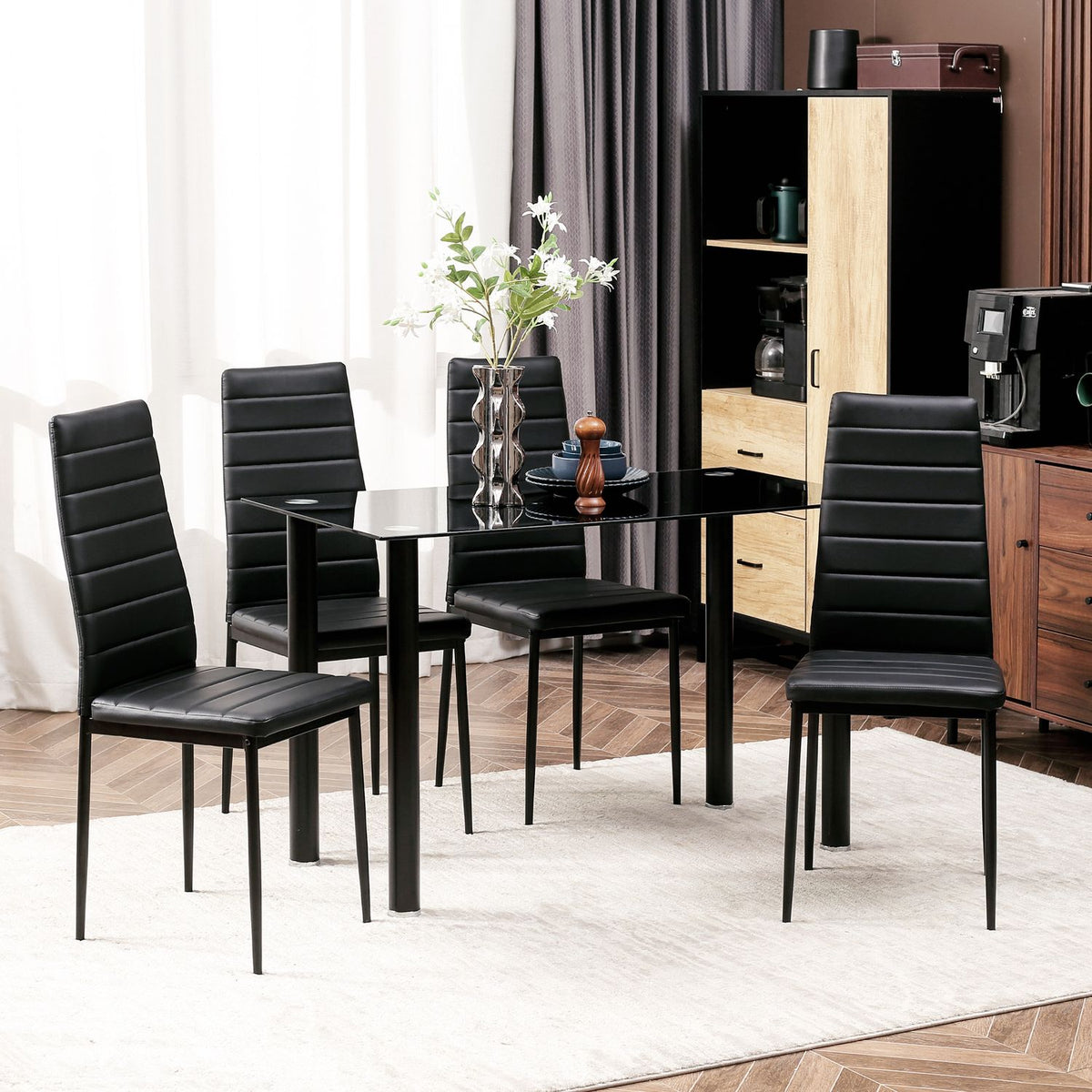 5 Piece Dining Set Dining Table With 4 Chairs & Tempered Glass Top Black Steel For Dining Room