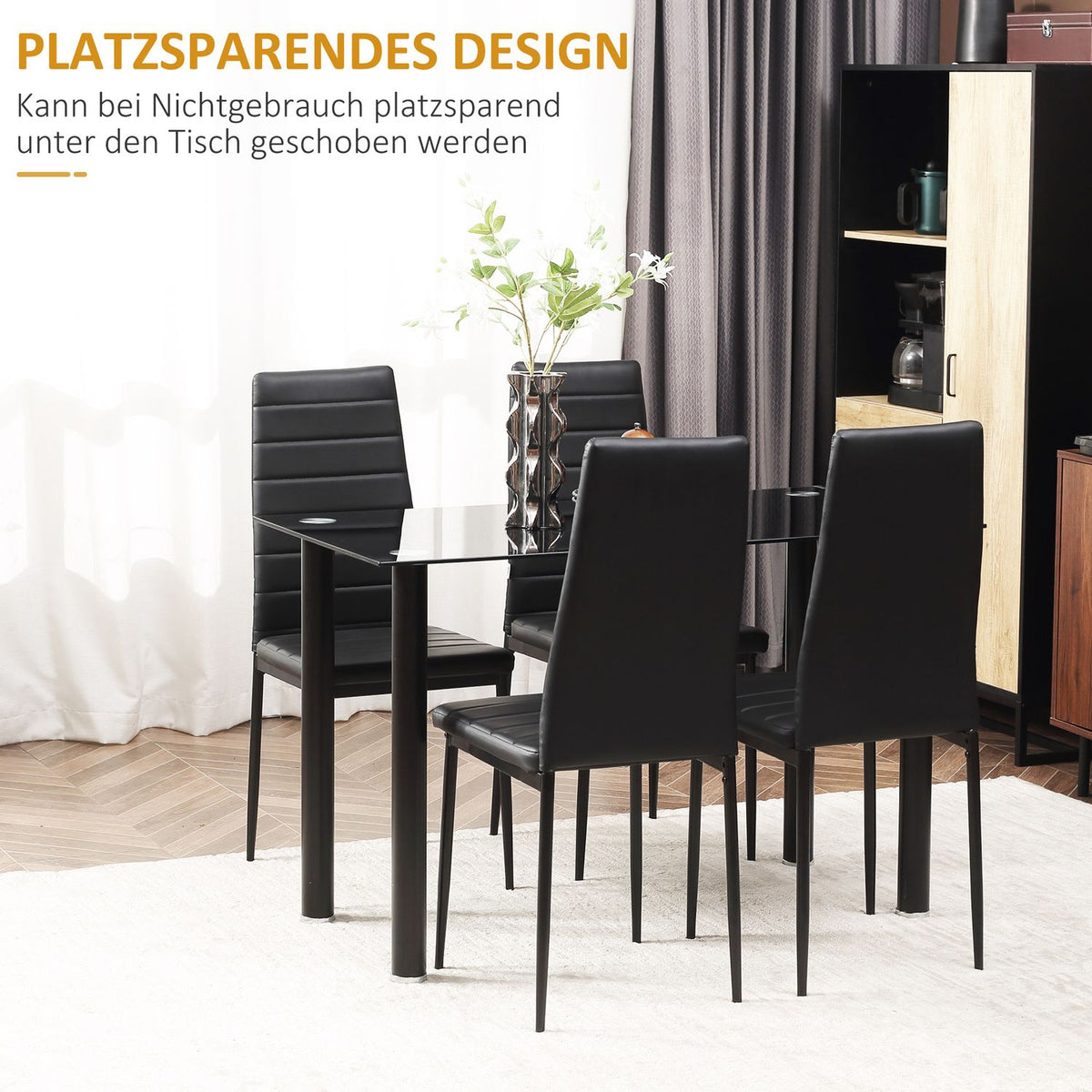 5 Piece Dining Set Dining Table With 4 Chairs & Tempered Glass Top Black Steel For Dining Room