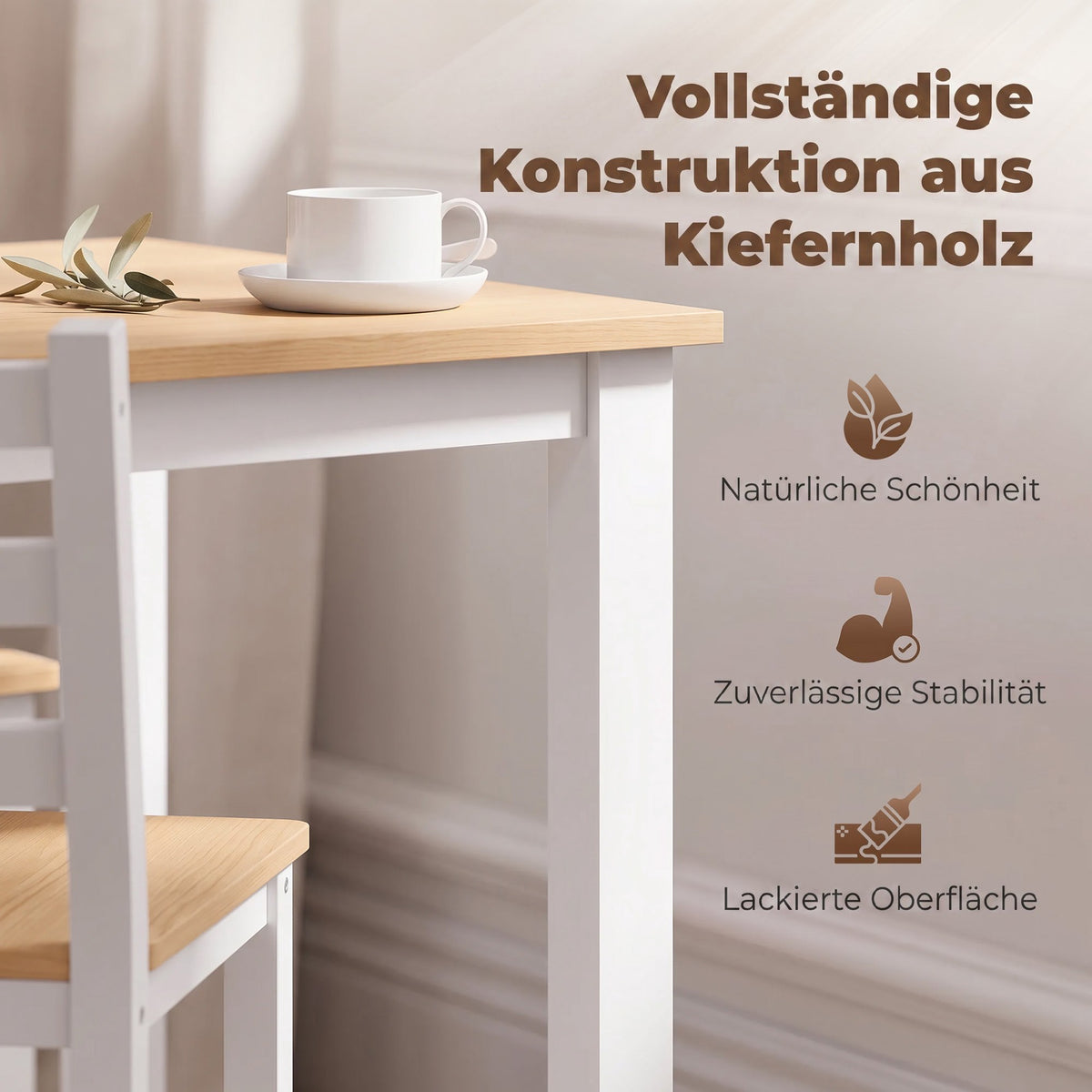 5-Piece Dining Set for 4, Solid Pine, Natural/White