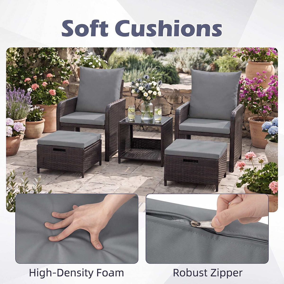 5-Piece Grey Polyrattan Garden Furniture Set with Cushions