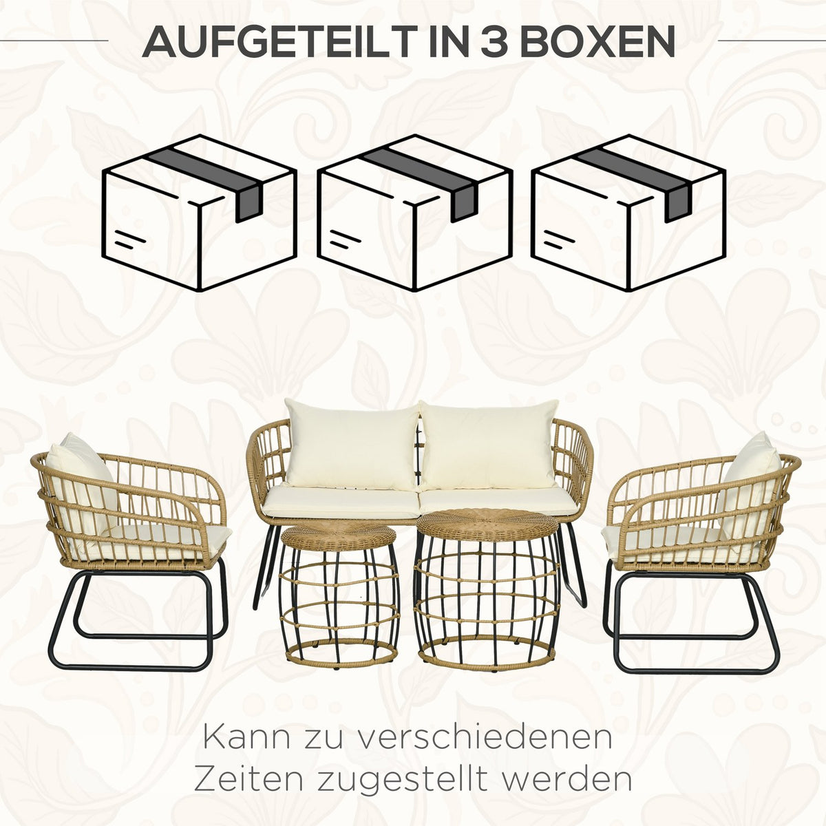 5-Piece Rattan Garden Furniture Set, Seating Area With Cushions, Garden Set With 2 Coffee Tables, 2 Armchairs, 1 Double Sofa, Seating Set, Steel, Beige