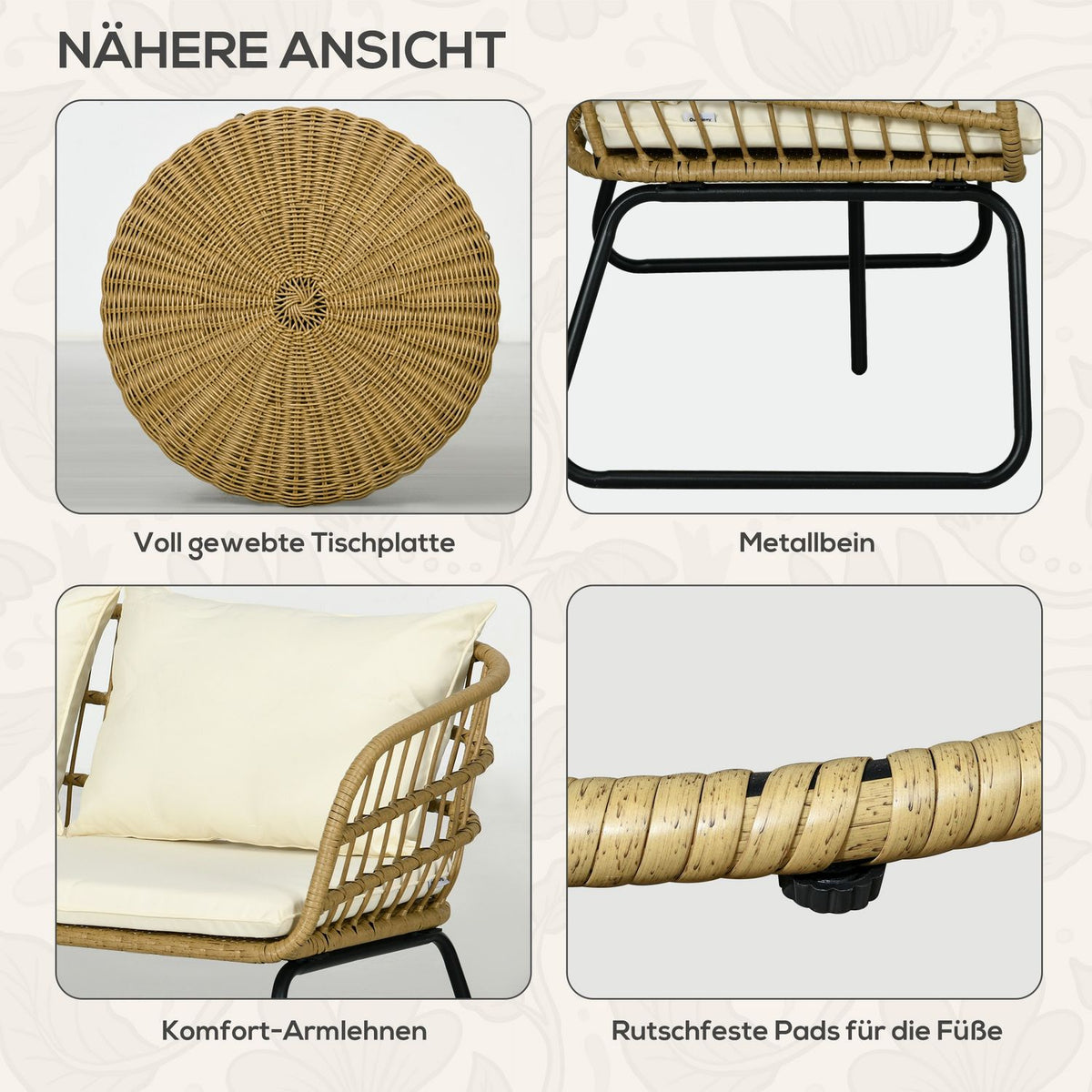 5-Piece Rattan Garden Furniture Set, Seating Area With Cushions, Garden Set With 2 Coffee Tables, 2 Armchairs, 1 Double Sofa, Seating Set, Steel, Beige