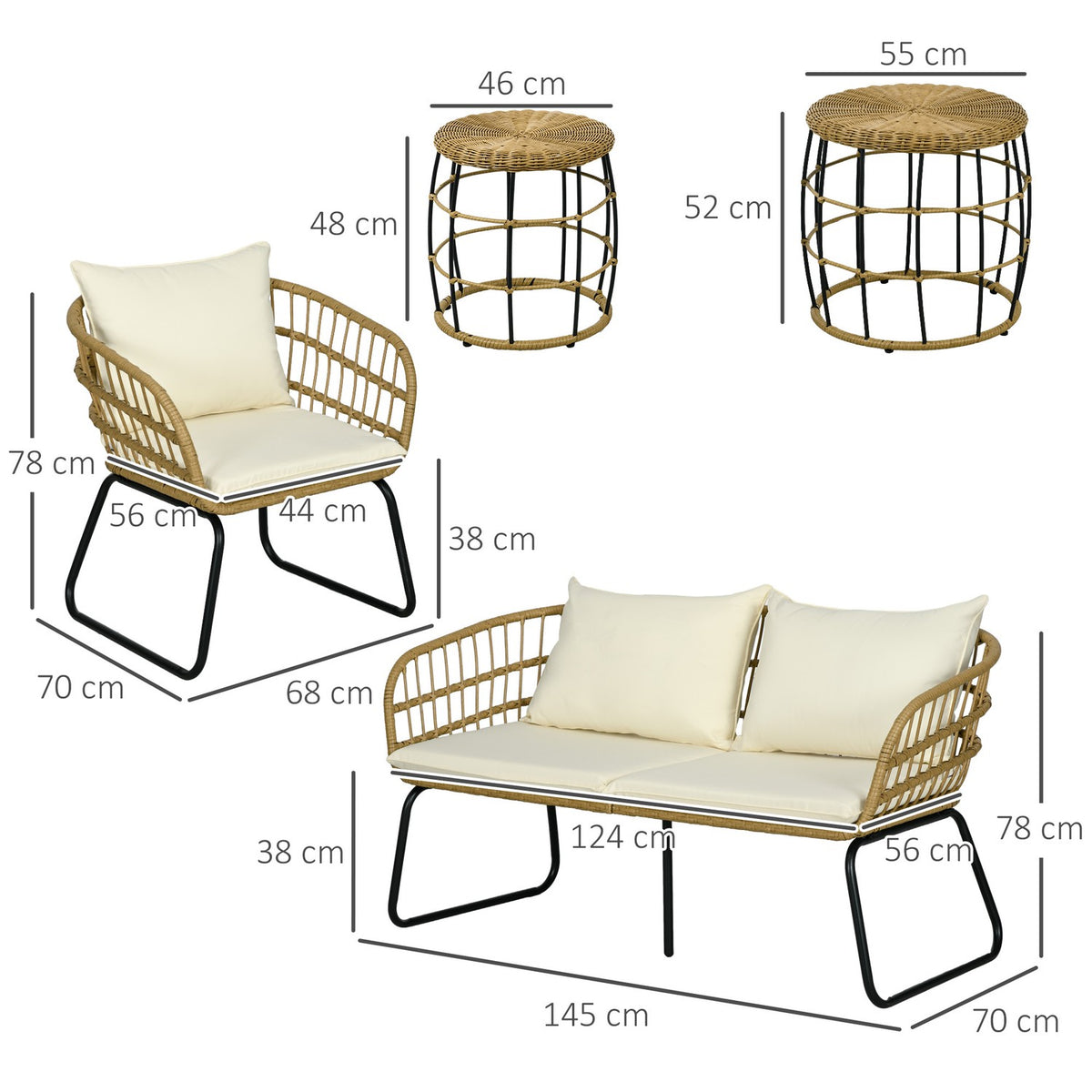 5-Piece Rattan Garden Furniture Set, Seating Area With Cushions, Garden Set With 2 Coffee Tables, 2 Armchairs, 1 Double Sofa, Seating Set, Steel, Beige