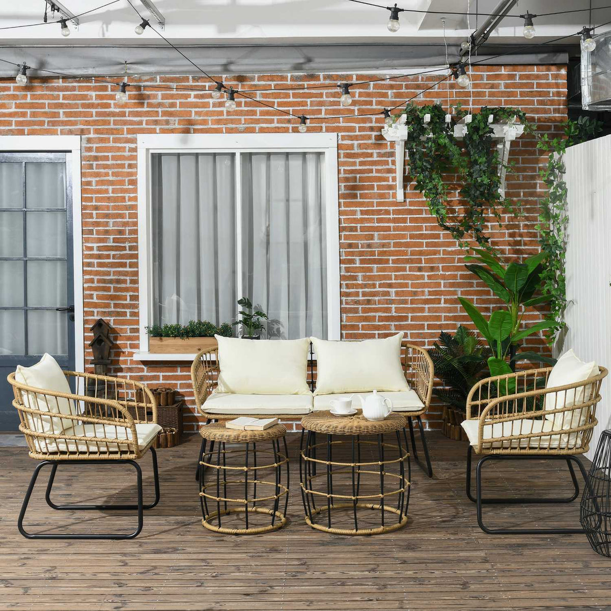 5-Piece Rattan Garden Furniture Set, Seating Area With Cushions, Garden Set With 2 Coffee Tables, 2 Armchairs, 1 Double Sofa, Seating Set, Steel, Beige