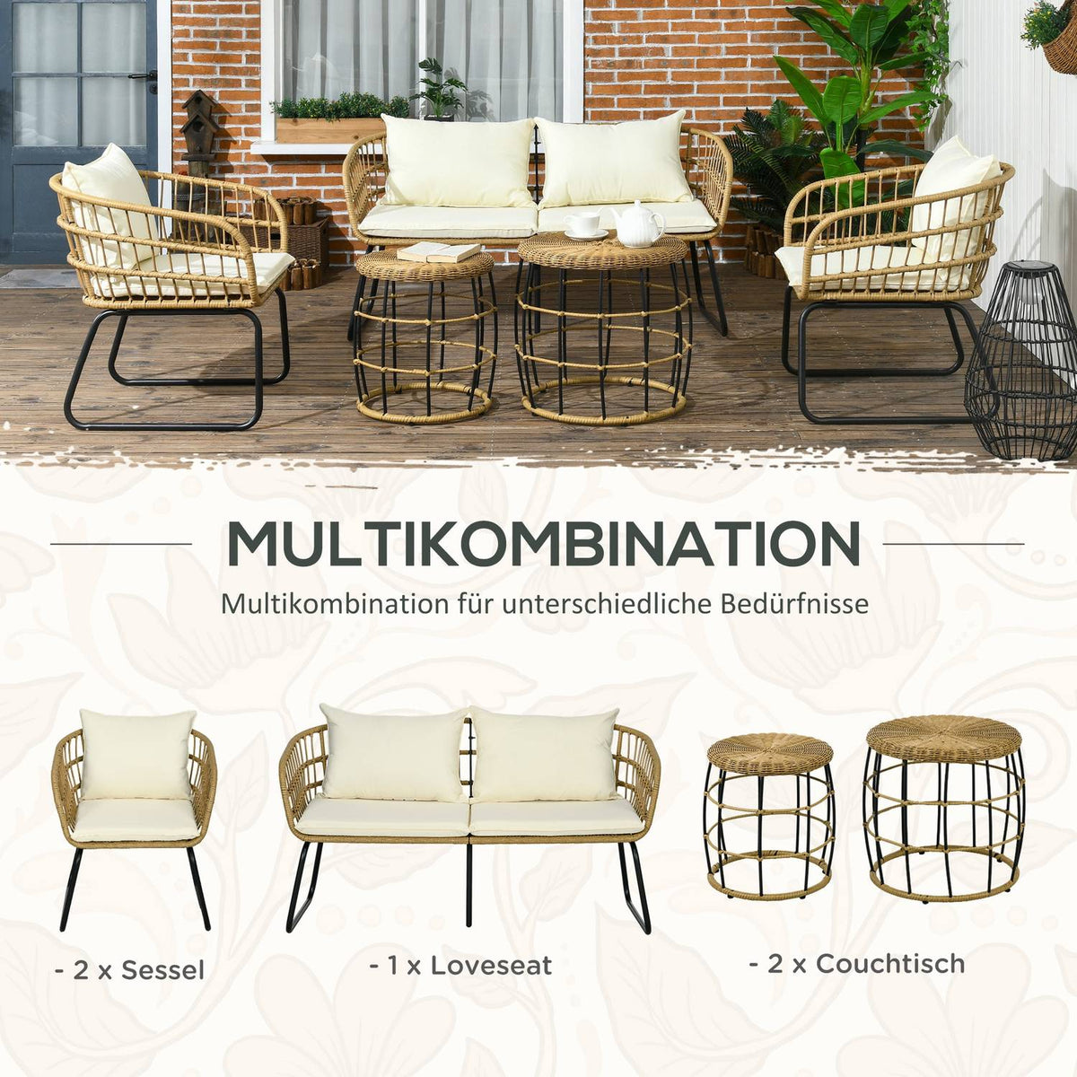 5-Piece Rattan Garden Furniture Set, Seating Area With Cushions, Garden Set With 2 Coffee Tables, 2 Armchairs, 1 Double Sofa, Seating Set, Steel, Beige