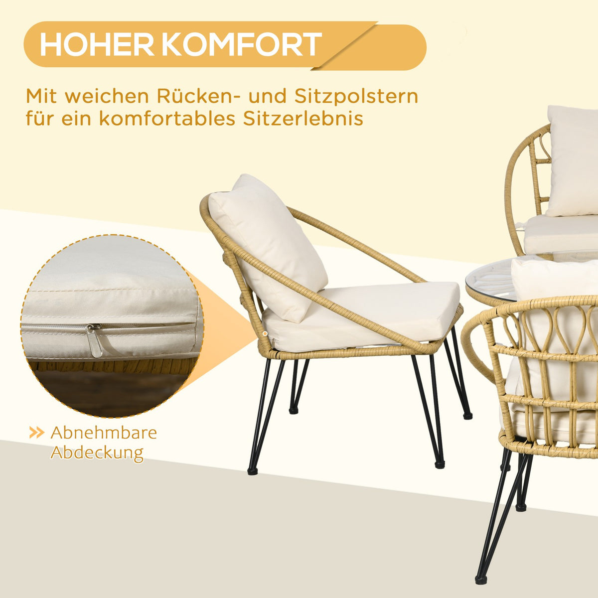 5-Piece Rattan Garden Furniture Set, Seating Set Including 1 Dining Table, 4 Chairs, Seating Set, Garden Set For Balcony, Terrace, Polyester, Beige