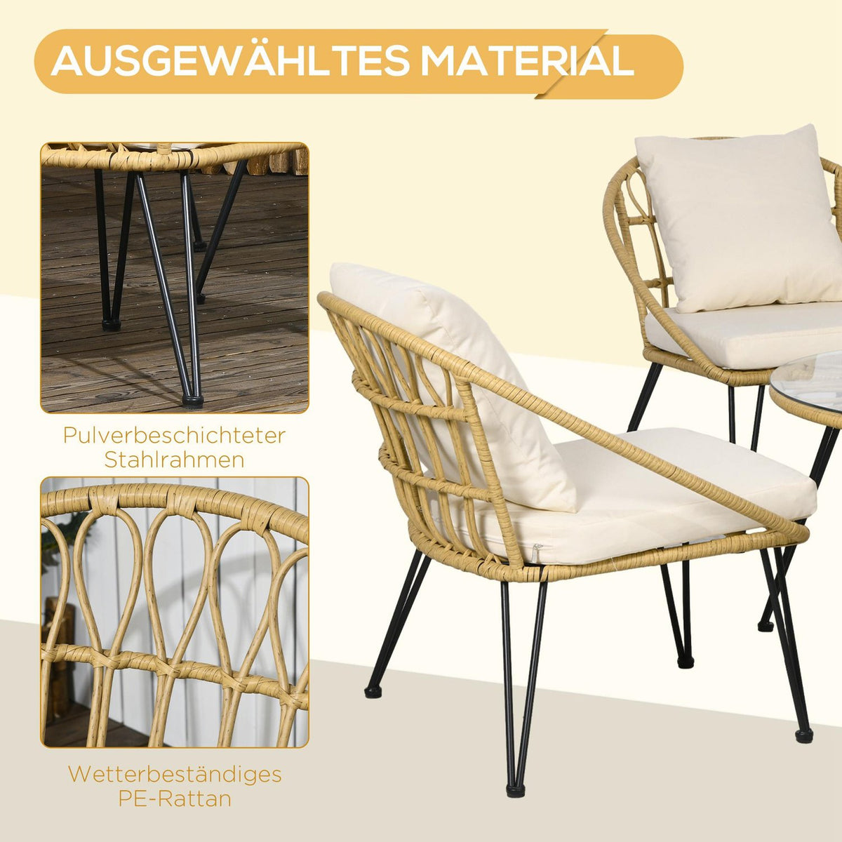 5-Piece Rattan Garden Furniture Set, Seating Set Including 1 Dining Table, 4 Chairs, Seating Set, Garden Set For Balcony, Terrace, Polyester, Beige
