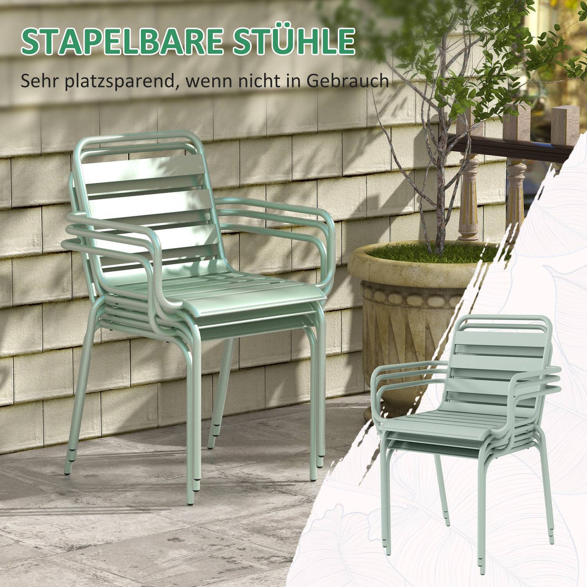 5-Piece Seating Group, Garden Furniture Set With 1 Dining Table, 4 Stackable Chairs, Garden Furniture, For Balcony, Terrace, Steel, Green