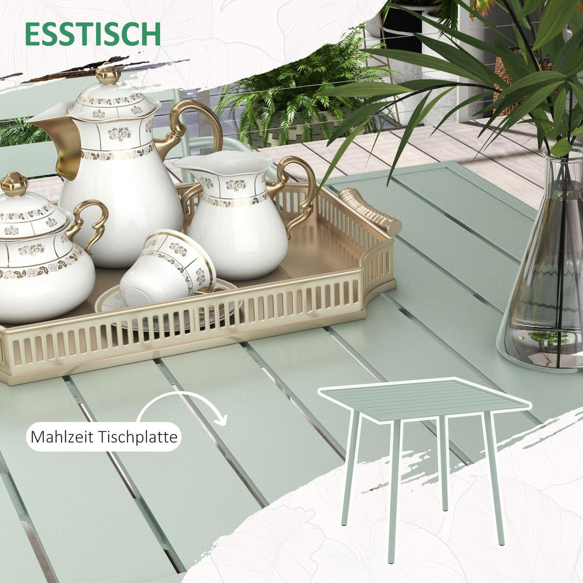 5-Piece Seating Group, Garden Furniture Set With 1 Dining Table, 4 Stackable Chairs, Garden Furniture, For Balcony, Terrace, Steel, Green