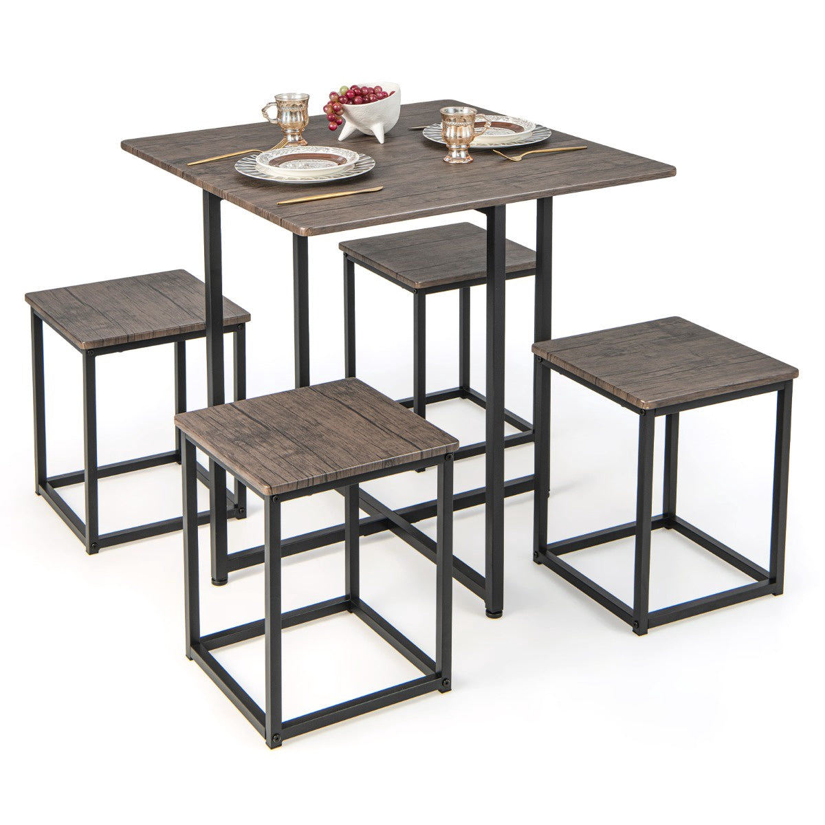5-Piece Square Dining Table Set, 4 Stools, Gray