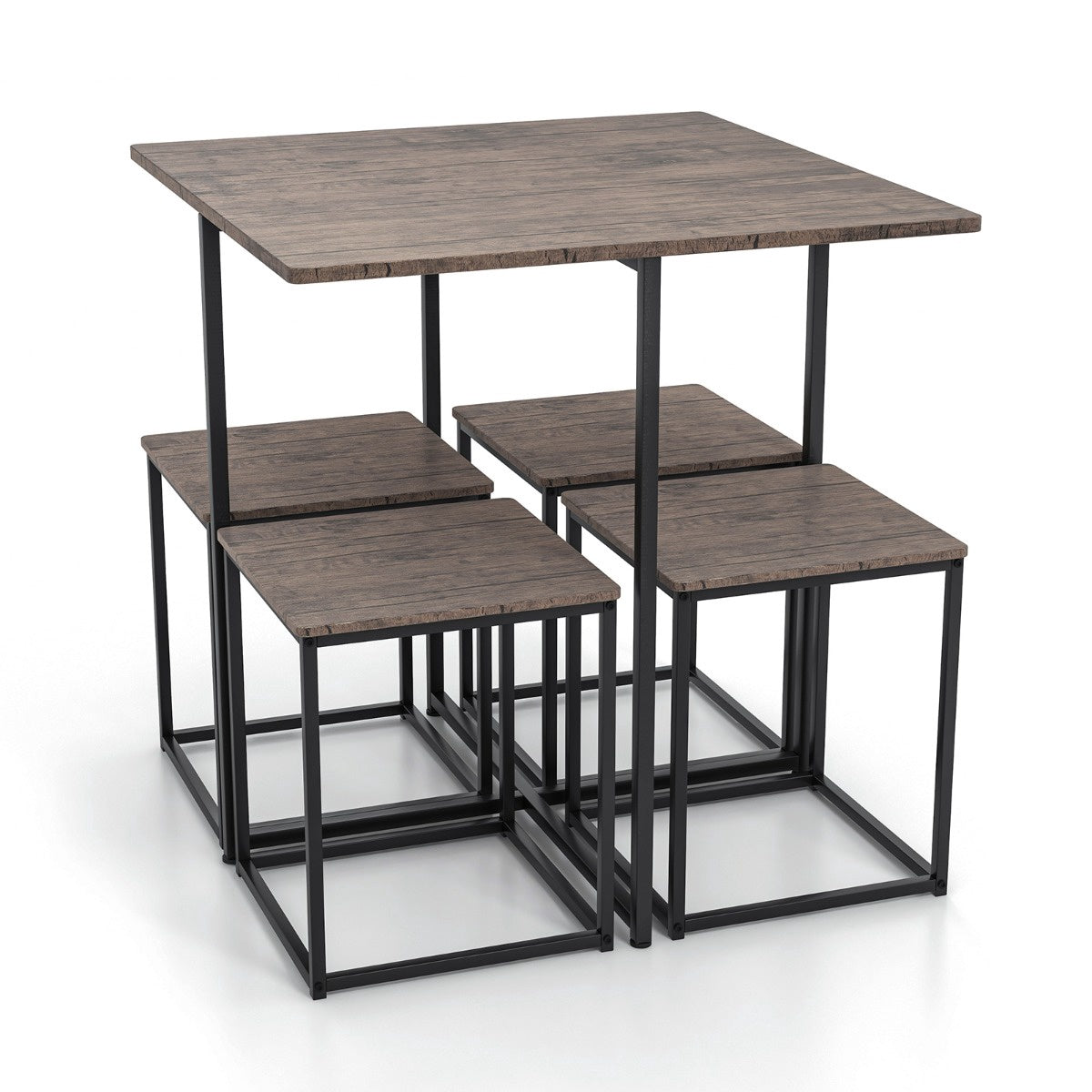 5-Piece Square Dining Table Set, 4 Stools, Gray