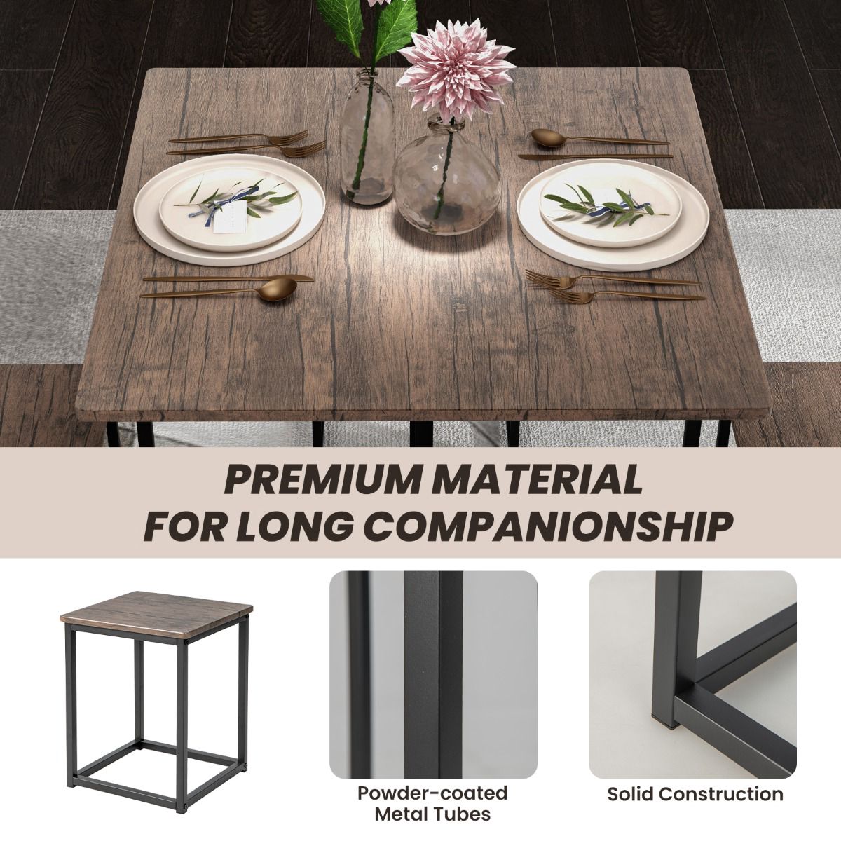 5-Piece Square Dining Table Set, 4 Stools, Gray