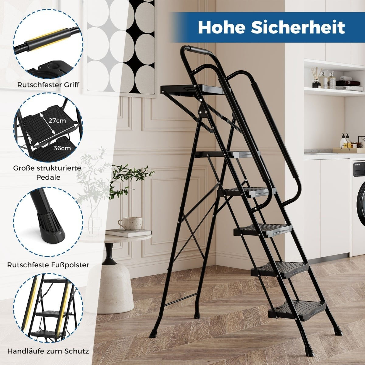 5-Step Folding Ladder with Tool Tray, 150 kg Capacity