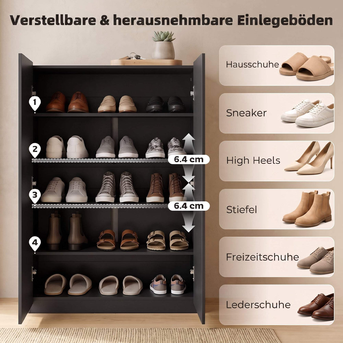 5-Tier Black Shoe Cabinet, Adjustable Shelves, Holds 20 Pairs