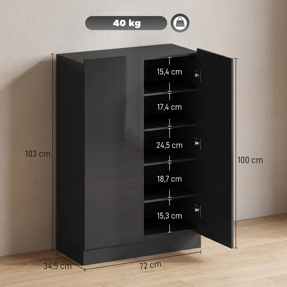 5-Tier Black Shoe Cabinet, Adjustable Shelves, Holds 20 Pairs