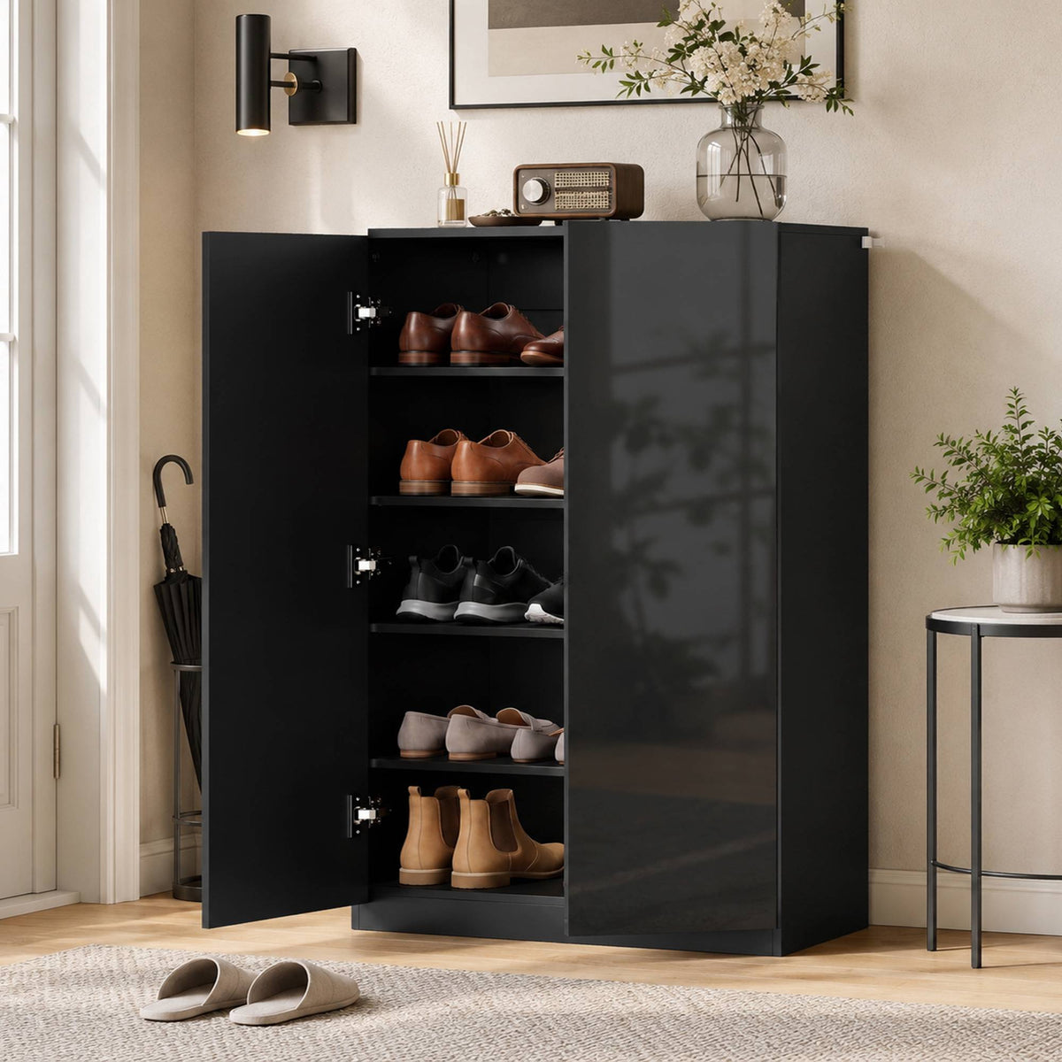 5-Tier Black Shoe Cabinet, Adjustable Shelves, Holds 20 Pairs