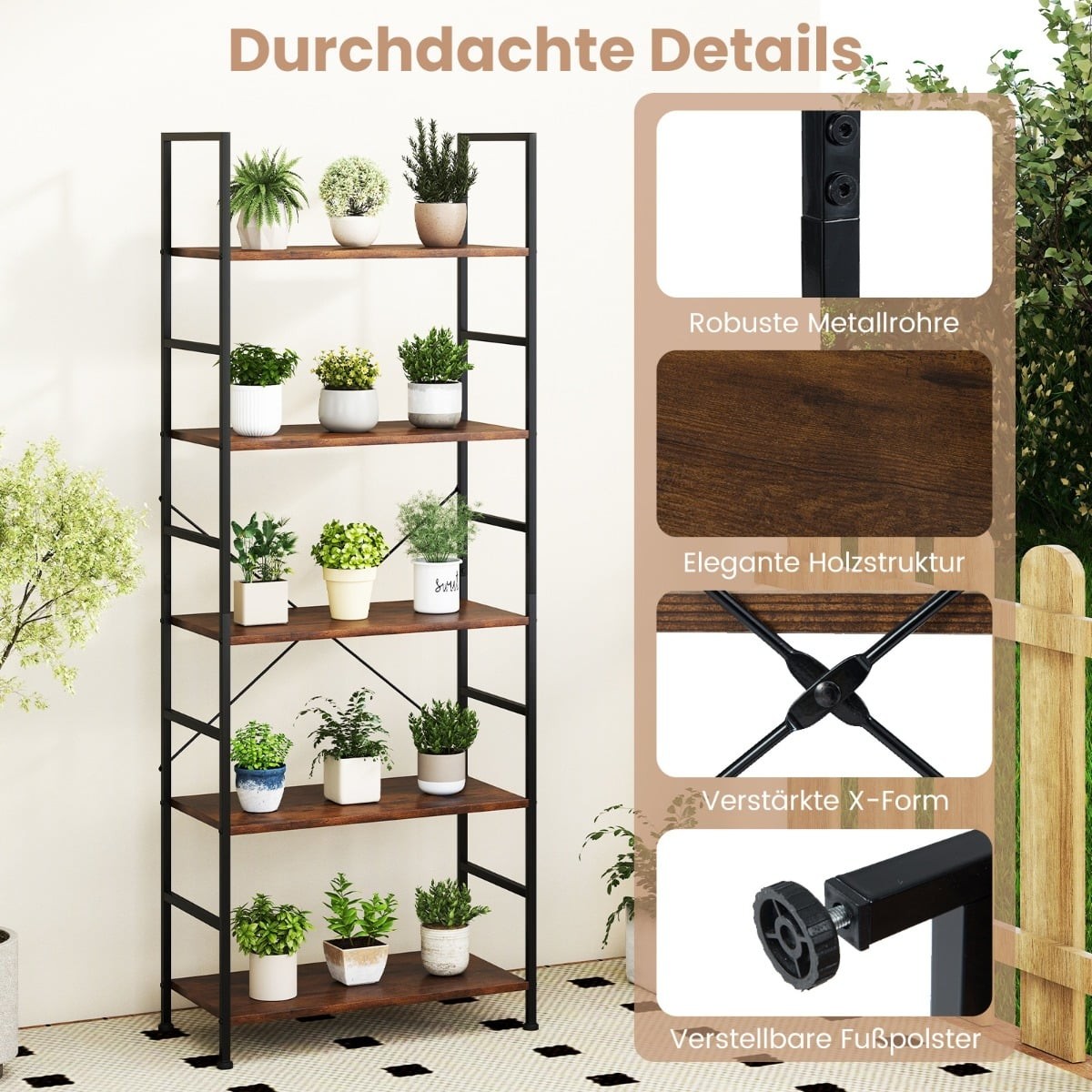 5-Tier Bookshelf, 160 cm, Rustic Brown, Metal Frame