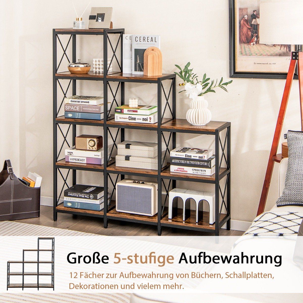 5-Tier Bookshelf, Carbon Steel Frame, Adjustable Feet
