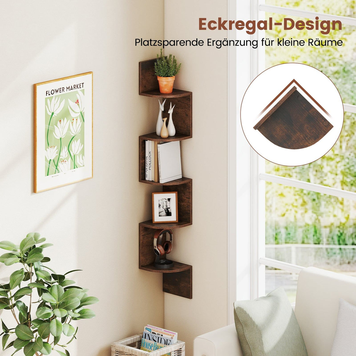 5-Tier Corner Wall Shelf, Floating Design, Rustic Brown
