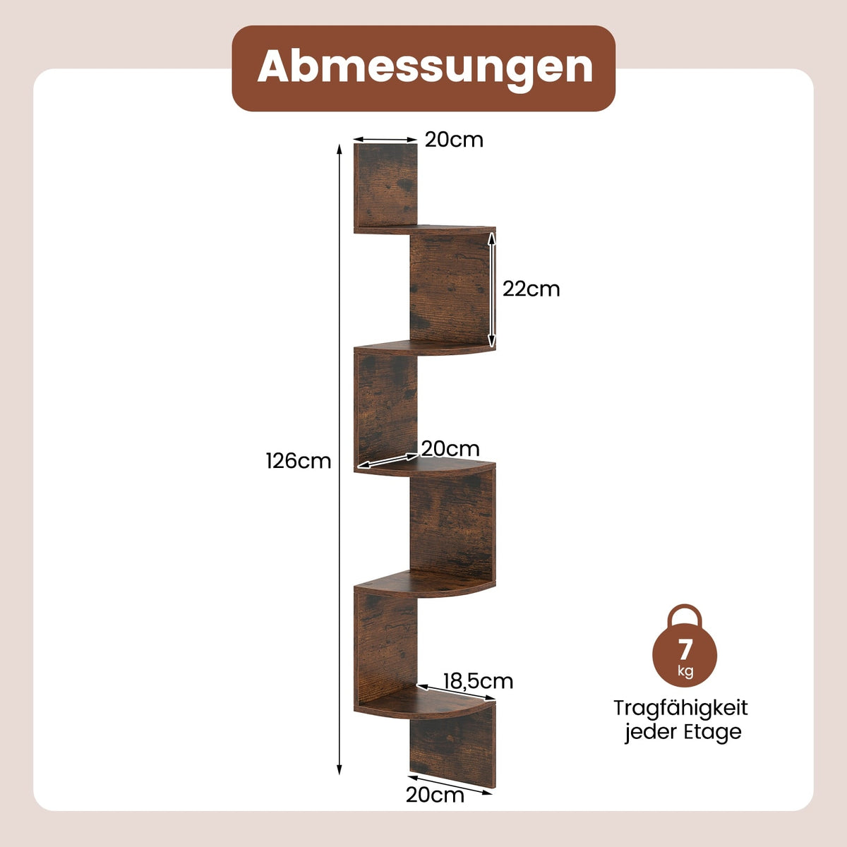 5-Tier Corner Wall Shelf, Floating Design, Rustic Brown