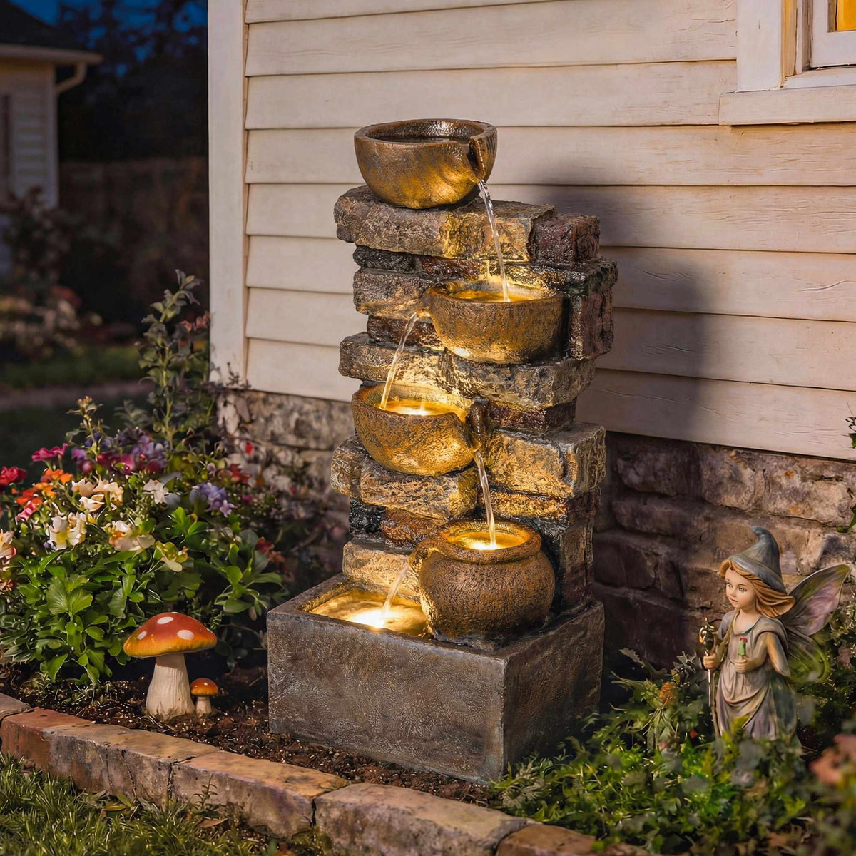 5-Tier Garden Fountain with LED Lights, Adjustable Pump