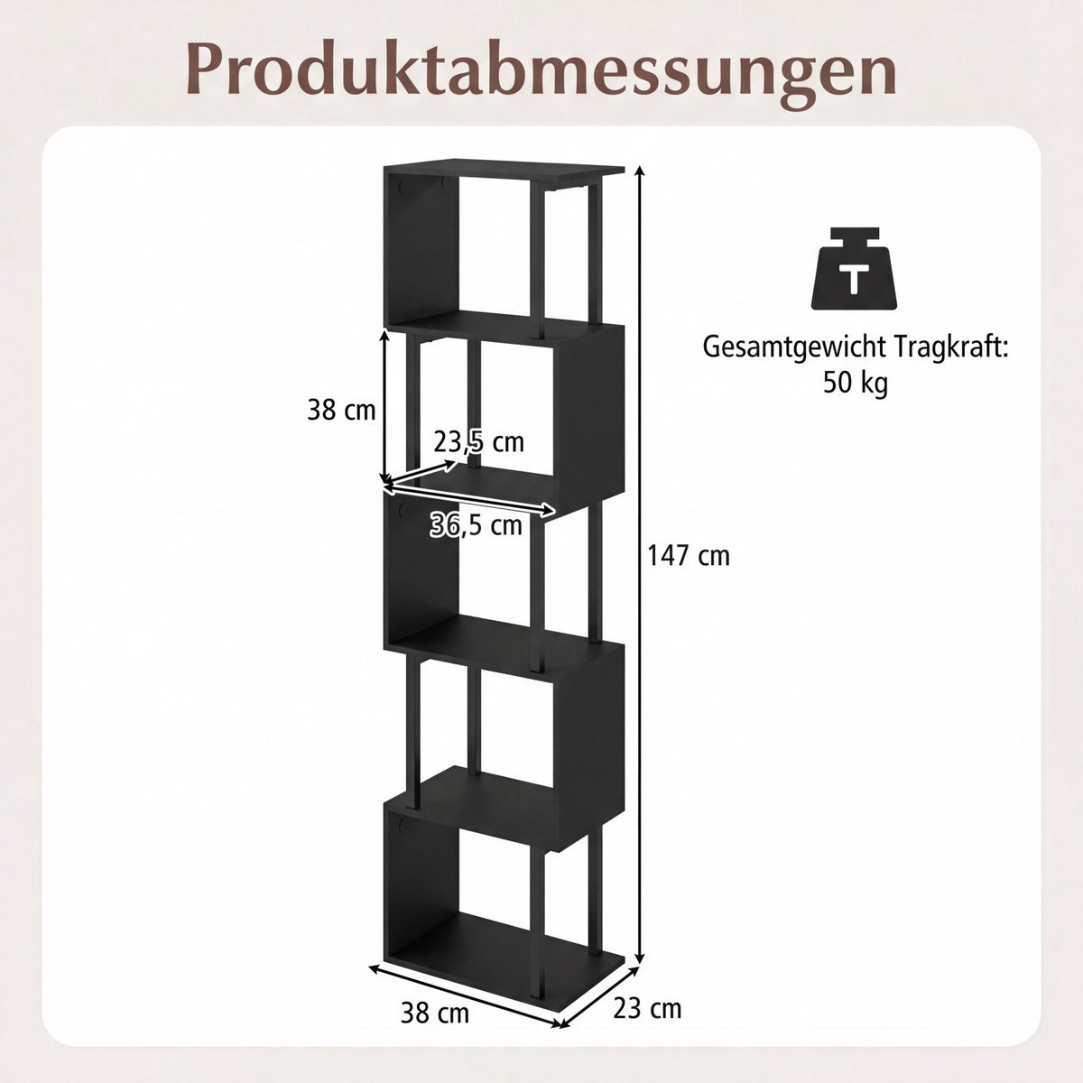 5-Tier Geometric Bookshelf with Anti-Tip, Black