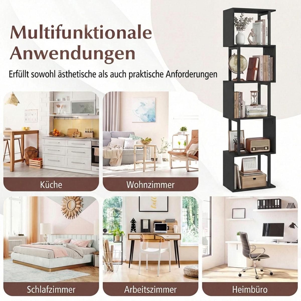 5-Tier Geometric Bookshelf with Anti-Tip, Black