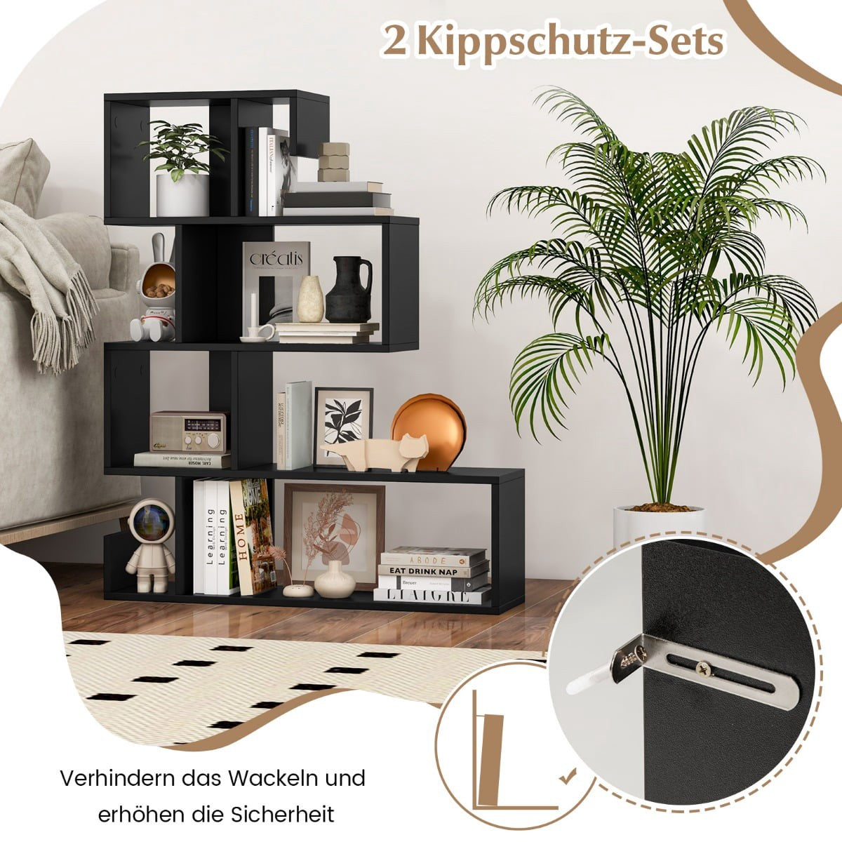 5-Tier Geometric Bookshelf with Open Shelves, Black