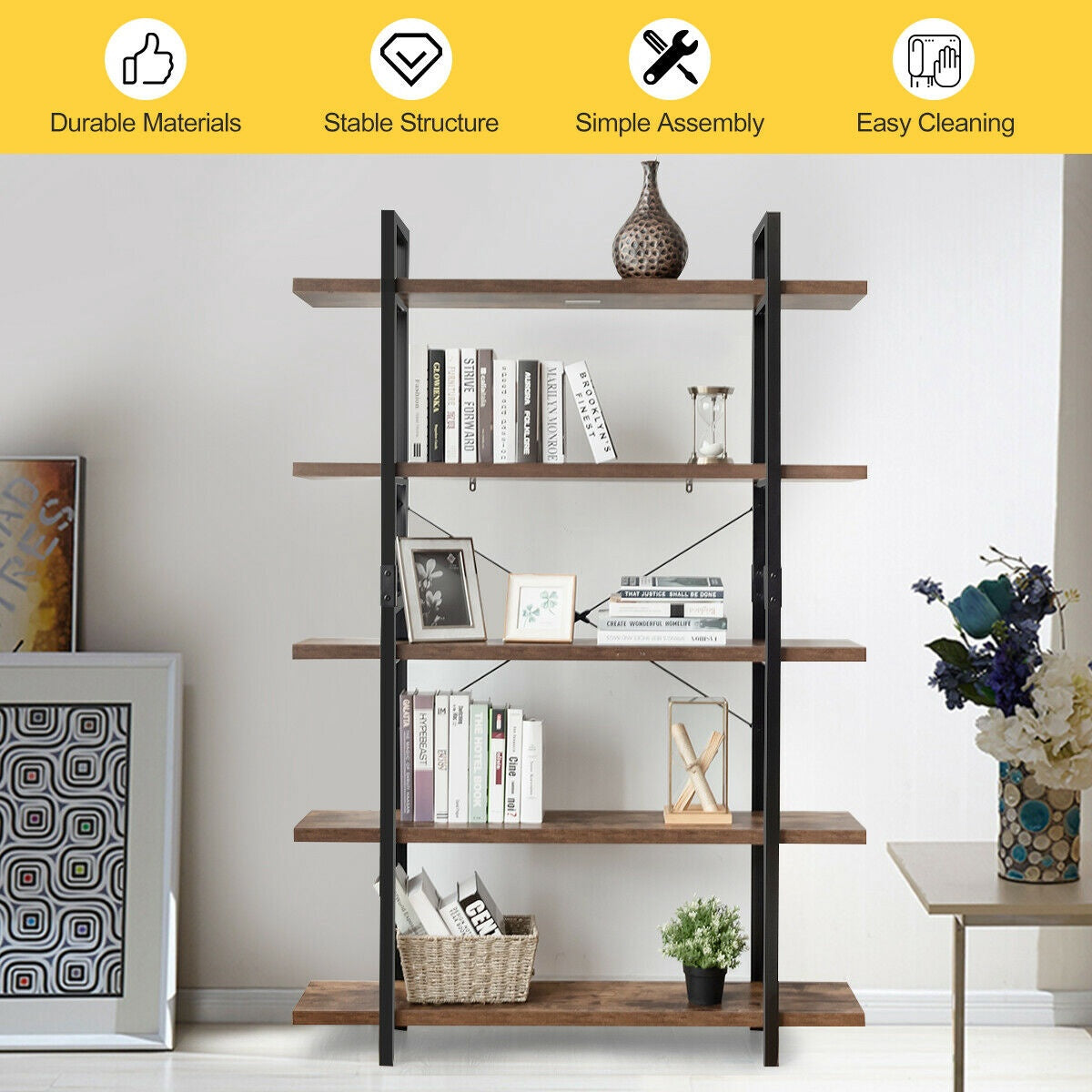 5-Tier Industrial Bookcase, Metal Frame, Anti-Tip