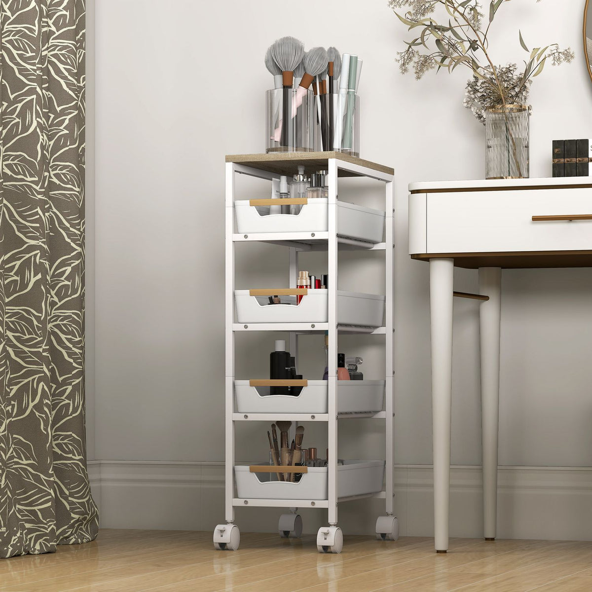 5-Tier Kitchen Cart, Wood Look, Metal Frame, 4 Drawers