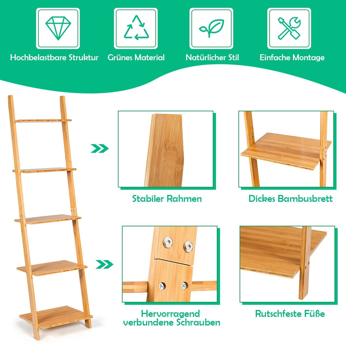 5 Tier Ladder Shelf Made of Bamboo Narrow Bookcase Standing Shelf 43 x 35 x 165 cm Natural