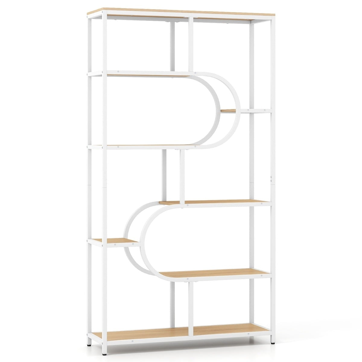 5-Tier Open Bookshelf, Natural & White, Metal Frame