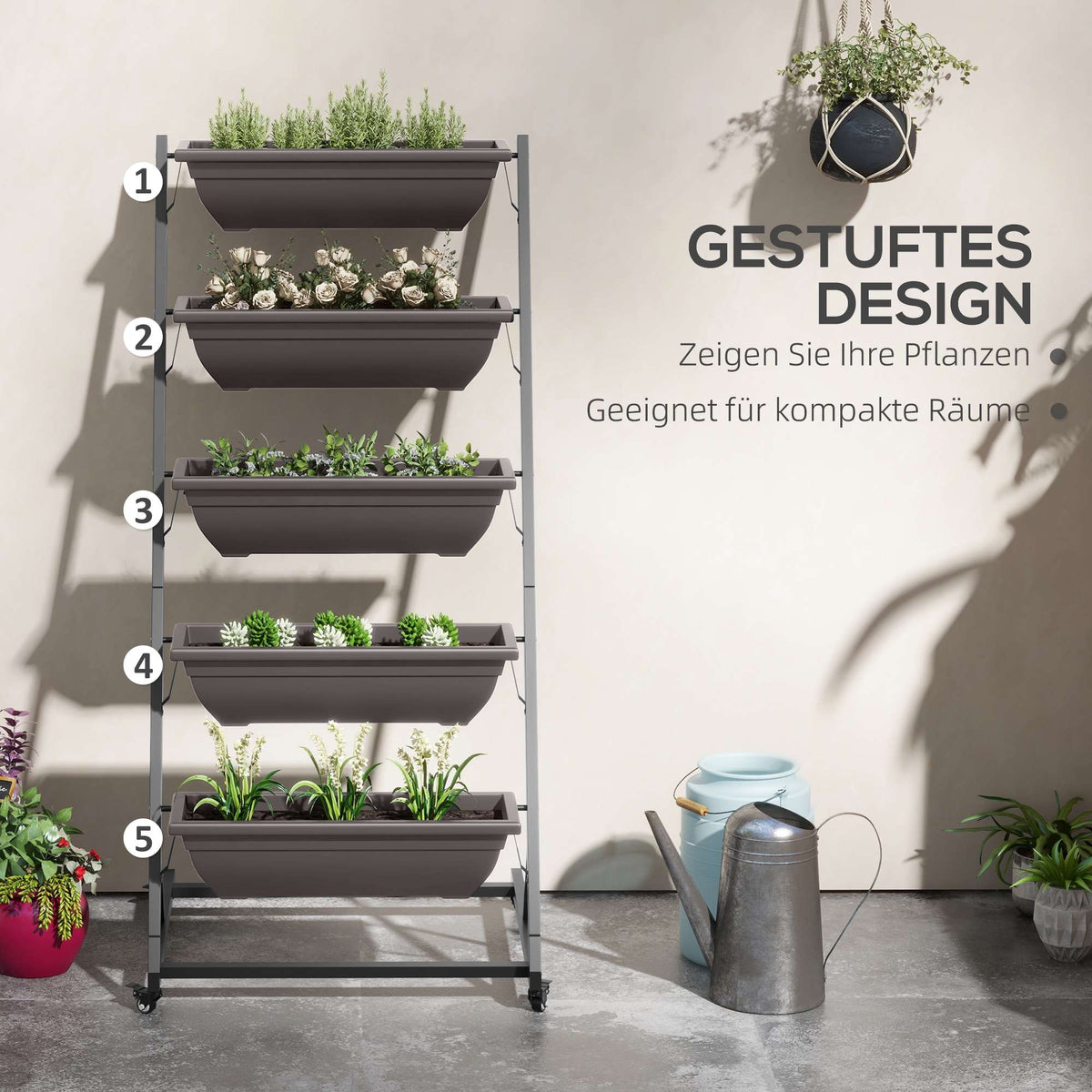 5-Tier Plant Stand with Wheels, 145 cm High, Steel