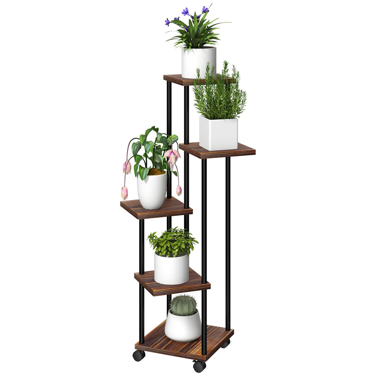 5-Tier Plant Stand with Wheels, Flower Stand for Indoor Outdoor Use, Plant Shelf Made of Steel, Wood, Multi-Tier Flower Shelf, 110cm High Flower Stairs for Living Room, Garden Balcony Decoration, Charred