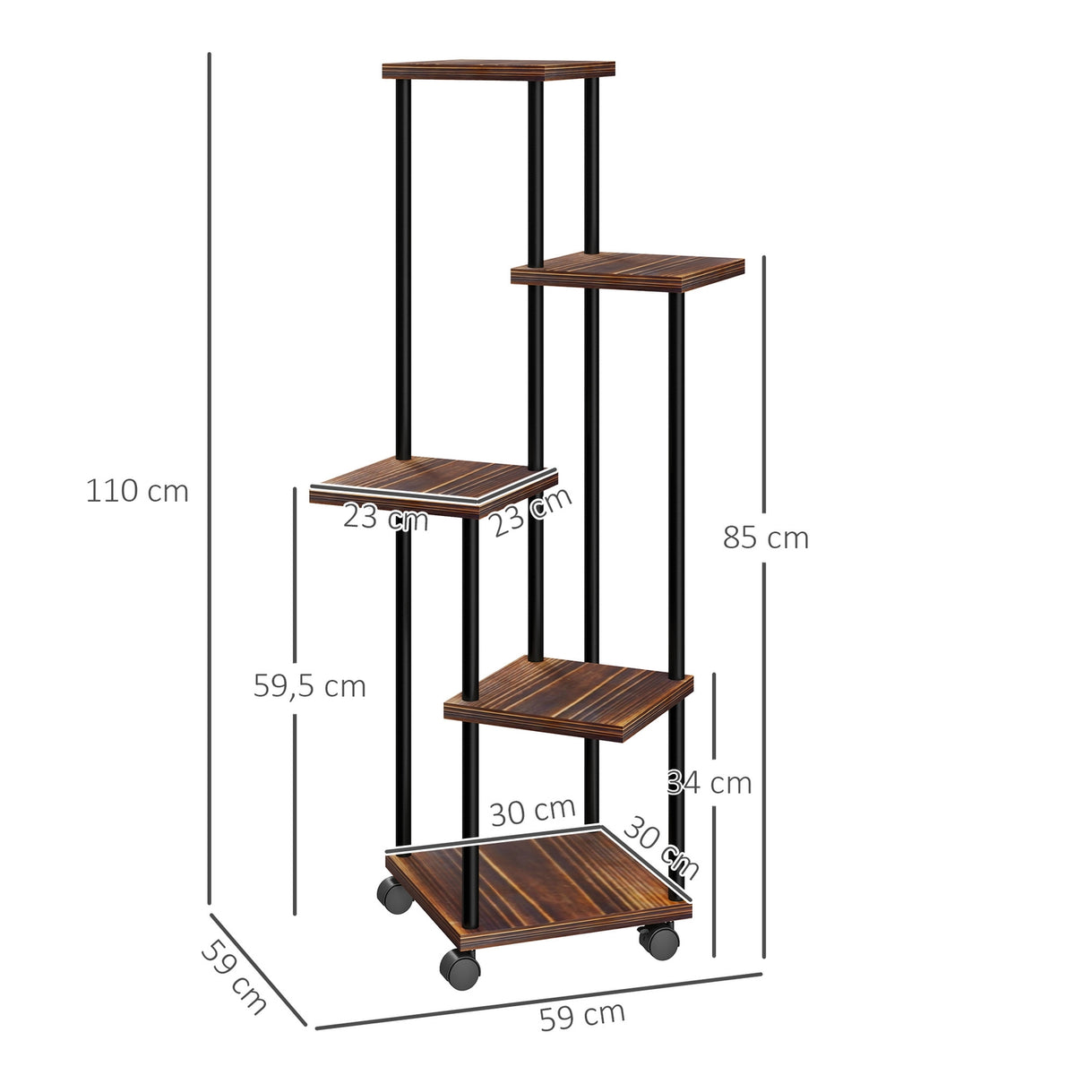 5-Tier Plant Stand with Wheels, Flower Stand for Indoor Outdoor Use, Plant Shelf Made of Steel, Wood, Multi-Tier Flower Shelf, 110cm High Flower Stairs for Living Room, Garden Balcony Decoration, Charred