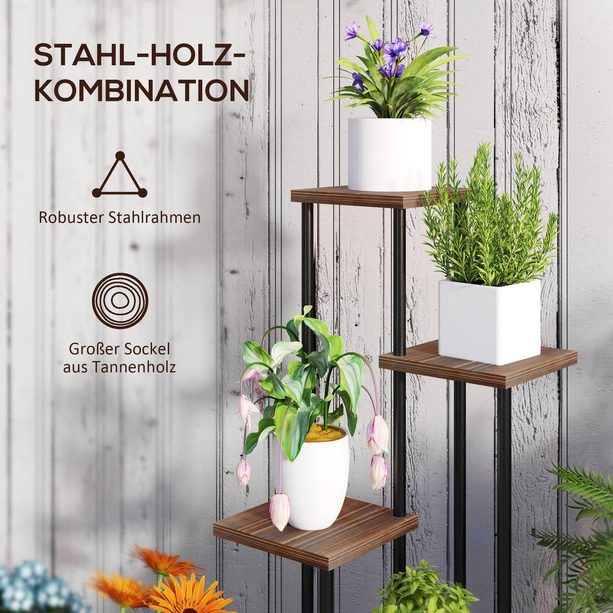 5-Tier Plant Stand with Wheels, Flower Stand for Indoor Outdoor Use, Plant Shelf Made of Steel, Wood, Multi-Tier Flower Shelf, 110cm High Flower Stairs for Living Room, Garden Balcony Decoration, Charred