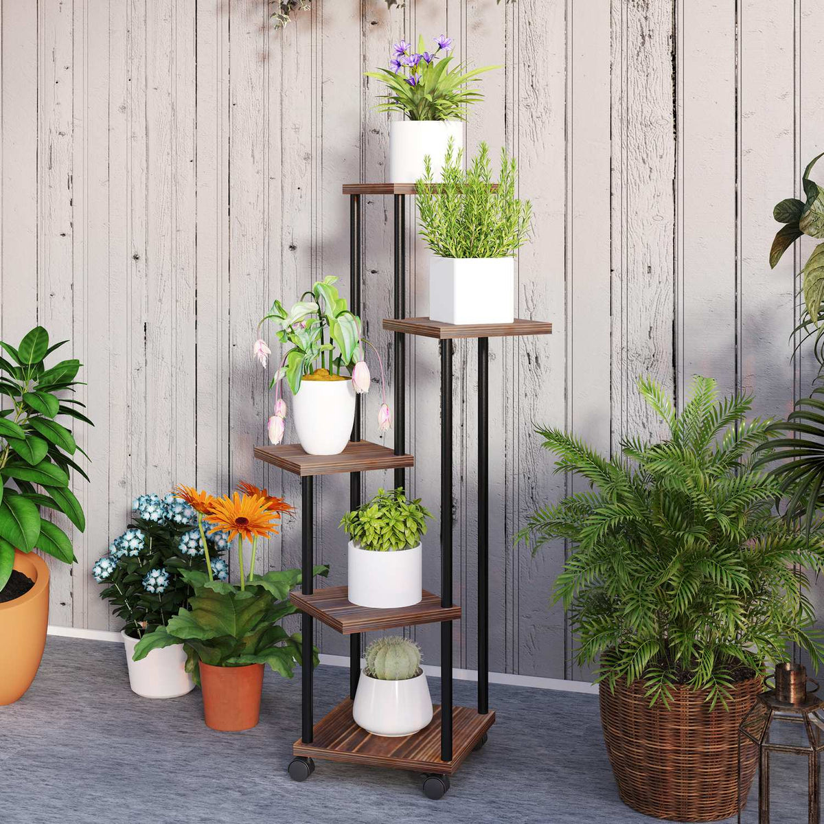 5-Tier Plant Stand with Wheels, Flower Stand for Indoor Outdoor Use, Plant Shelf Made of Steel, Wood, Multi-Tier Flower Shelf, 110cm High Flower Stairs for Living Room, Garden Balcony Decoration, Charred