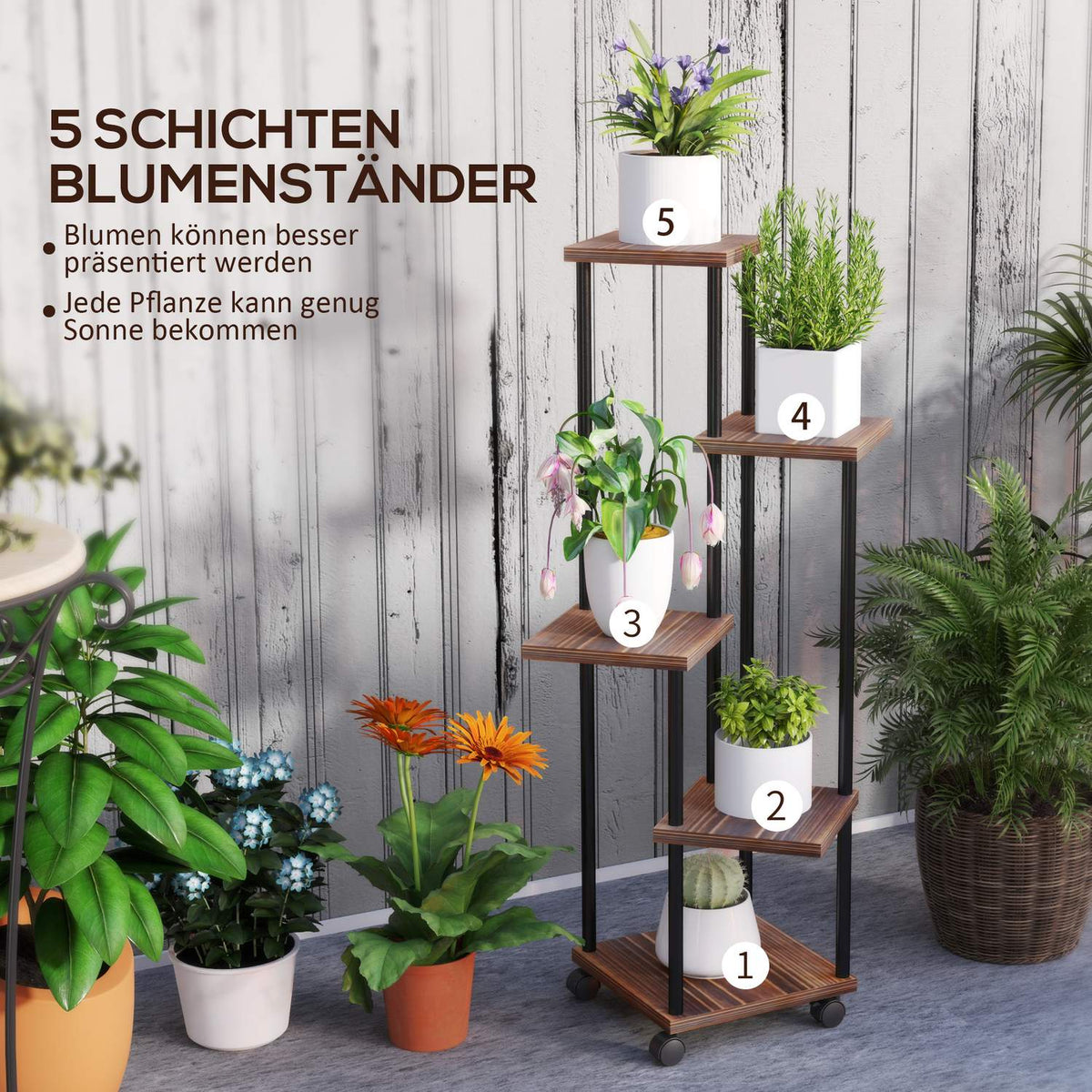 5-Tier Plant Stand with Wheels, Flower Stand for Indoor Outdoor Use, Plant Shelf Made of Steel, Wood, Multi-Tier Flower Shelf, 110cm High Flower Stairs for Living Room, Garden Balcony Decoration, Charred