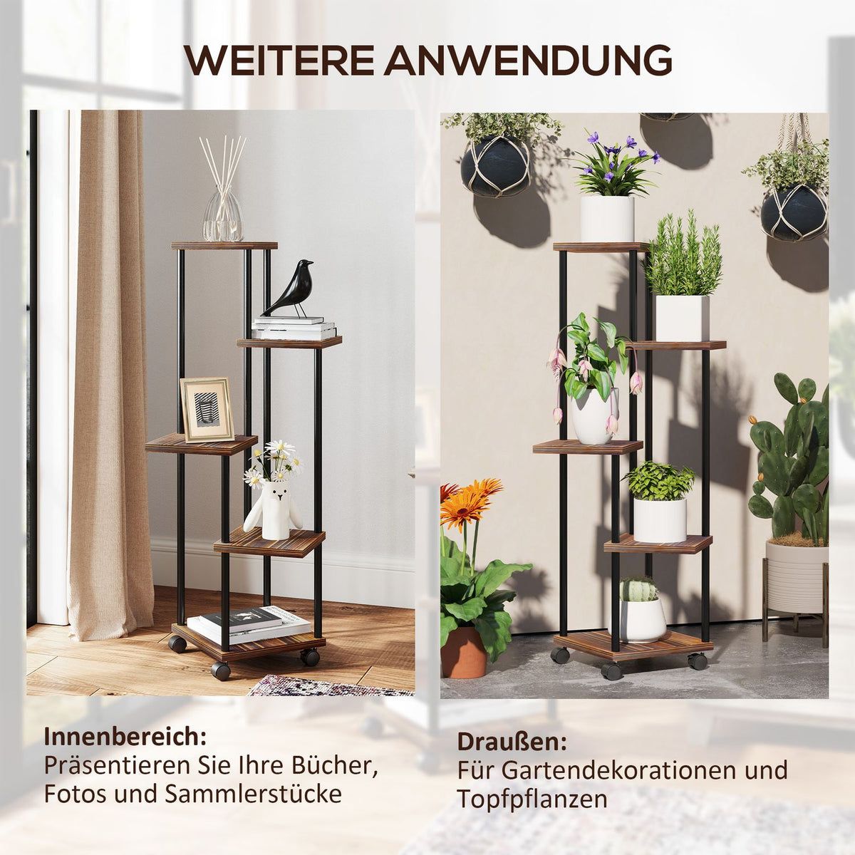 5-Tier Plant Stand with Wheels, Flower Stand for Indoor Outdoor Use, Plant Shelf Made of Steel, Wood, Multi-Tier Flower Shelf, 110cm High Flower Stairs for Living Room, Garden Balcony Decoration, Charred
